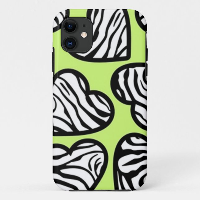 Cute lime green black white zebra pattern heart Case-Mate iPhone case (Back)