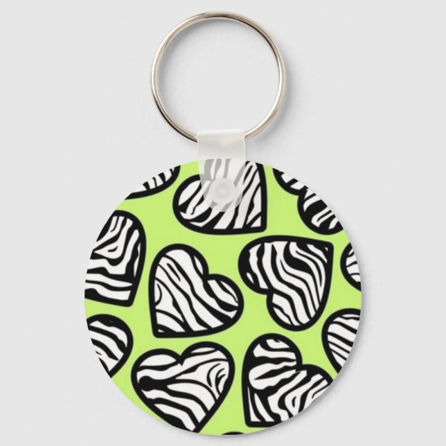 Cute lime green black white zebra pattern heart key ring (Front)