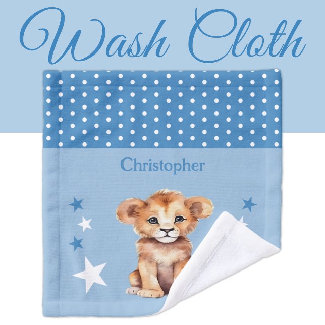Cute lion add name polka dots stars blue wash cloth (Creator Uploaded)