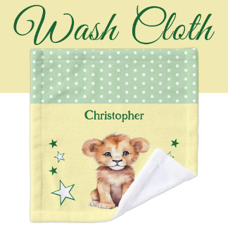Cute lion add name polka dots stars green wash cloth