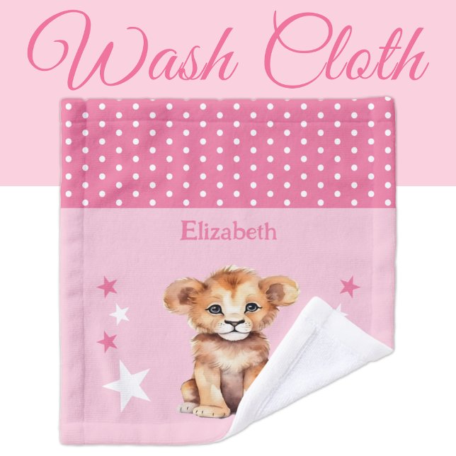 Cute lion add name polka dots stars pink wash cloth (Creator Uploaded)