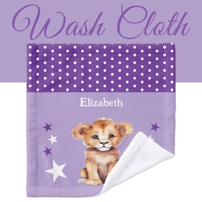 Cute lion add name polka dots stars purple wash cloth (Creator Uploaded)