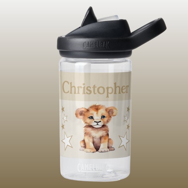 Cute lion add name with stars kids brown water bottle (Creator Uploaded)
