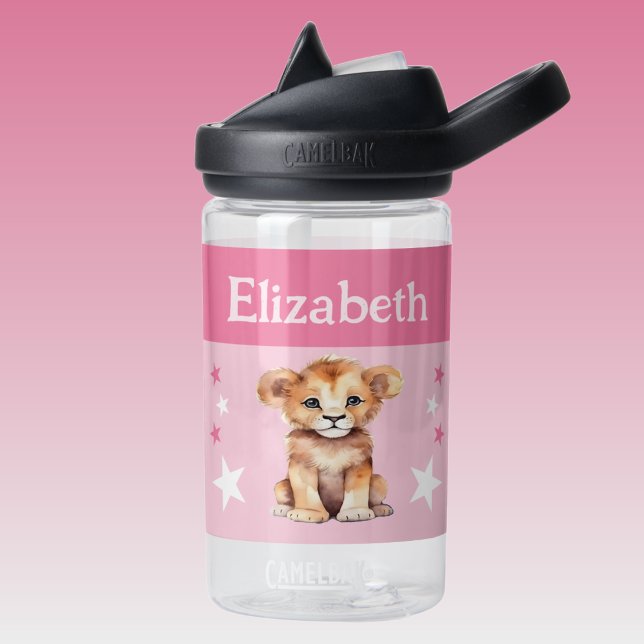 Cute lion add name with stars kids pink water bottle (Creator Uploaded)