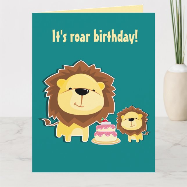 Cute Lion And Baby Cub Kids Birthday Card (Front)