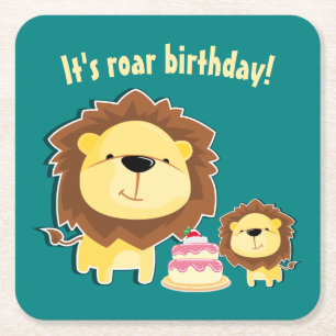 Cute Lion And Baby Cub Kids Birthday Square Paper Coaster