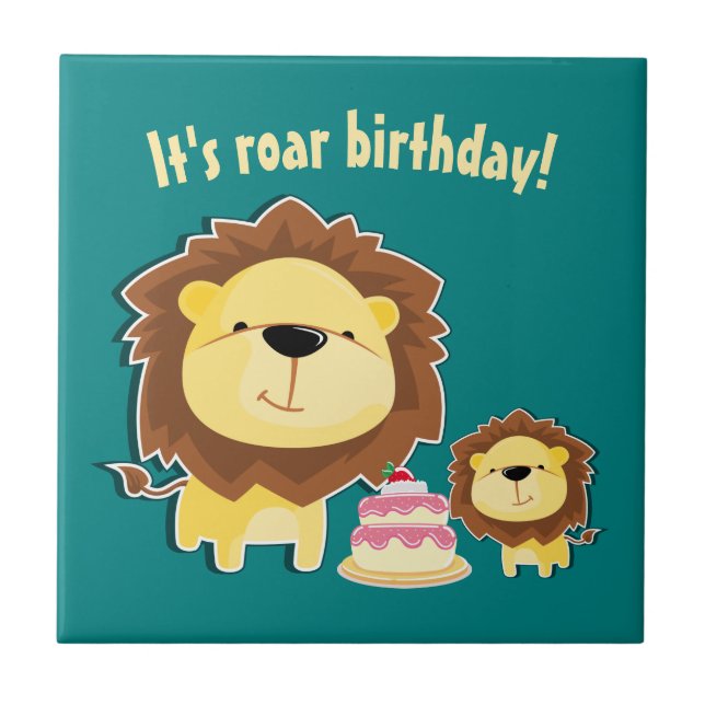 Cute Lion And Baby Cub Kids Birthday Tile (Front)