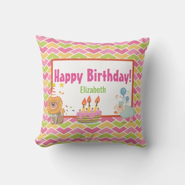 Cute Lion and Sheep Personalised Happy Birthday Cushion (Front)