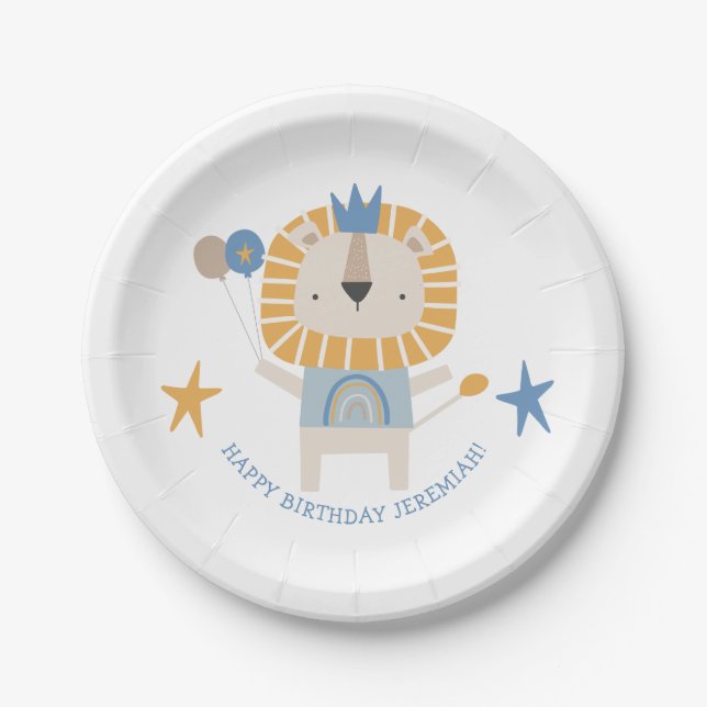 Cute Lion Baby Boy Birthday Party Name Paper Plate (Front)