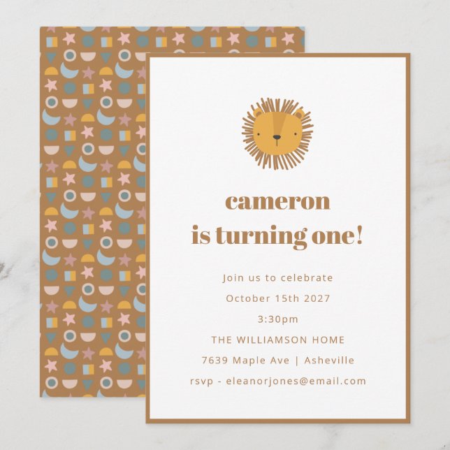 Cute Lion Baby Kids Animal 1st Birthday Party Invitation (Front/Back)