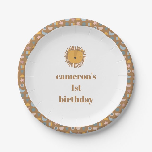 Cute Lion Baby Kids Animal Custom Birthday Party Paper Plate (Front)