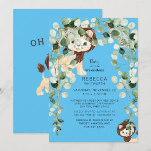 Cute Lion Baby Shower Foliage Blue In Person Invitation