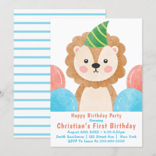Cute Lion Balloons First Birthday Invitations 