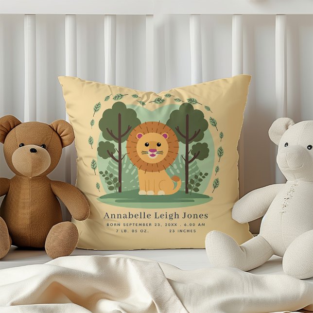 Cute Lion Birth Stats Baby Name Nursery  Cushion (Creator Uploaded)
