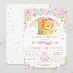Cute Lion Birthday Party Invitation Girl Floral