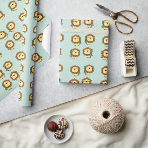 Cute lion blue pattern birthday wrapping paper