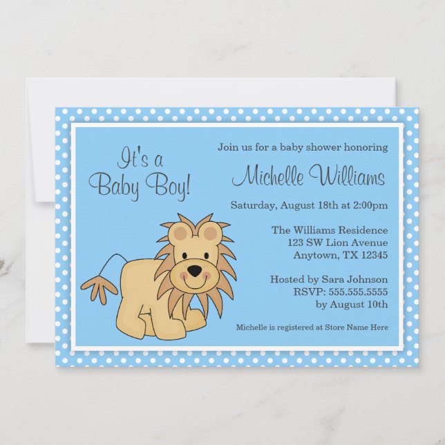 Cute Lion Blue Polka Dots Boy Baby Shower Invitation (Front)