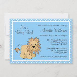 Cute Lion Blue Polka Dots Boy Baby Shower Invitation