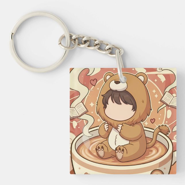 Cute Lion Boy Drinking Coffee Key Ring (Front)