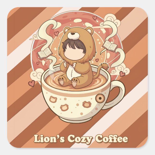 Cute Lion Boy Drinking Coffee Square Sticker (Front)