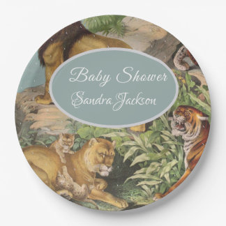 Cute Lion Cat jungle Dusty Blue Boyl Baby Shower Paper Plate