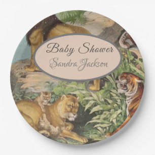Cute Lion Cat jungle Dusty Blue Boyl Baby Shower Paper Plate