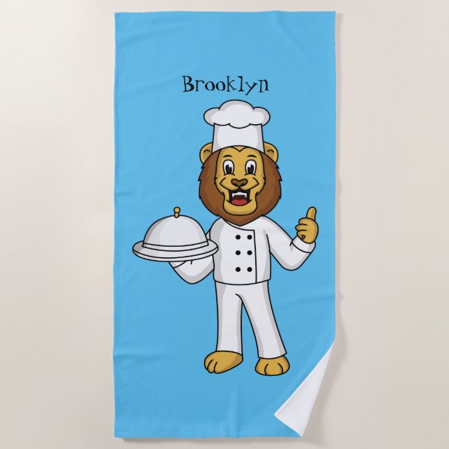 Cute lion chef cartoon illustration  beach towel (Front)