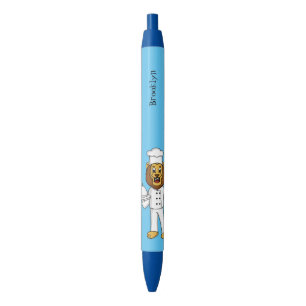 Cute lion chef cartoon illustration black ink pen