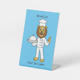 Cute lion chef cartoon illustration pedestal sign