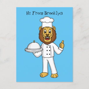Cute lion chef cartoon illustration postcard