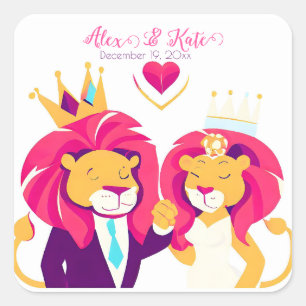 Cute Lion Couple Romantic Wedding Square Sticker