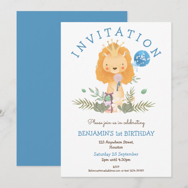 Cute Lion Crown Leaves Boys 1st Birthday Party Invitation (Front/Back)
