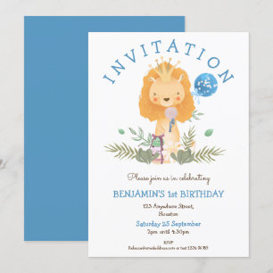 Cute Lion Crown Leaves Boys 1st Birthday Party Invitation