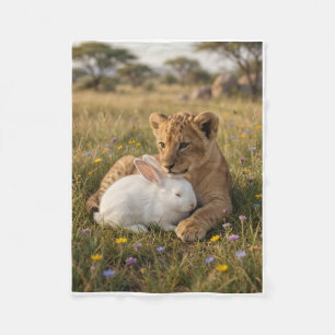 Cute Lion Cub And Rabbit In Nature Fleece Blanket