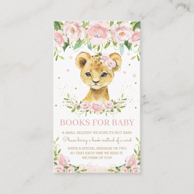 Cute Lion Cub Blush Pink Floral Books for Baby Enclosure Card (Front)