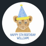 Cute Lion Cub Illustration Happy Birthday  Classic Round Sticker<br><div class="desc">cute lion cub illustration personalised name "happy birthday" stickers . Customisable</div>