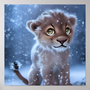 Cute Lion Cub in the Snow Poster
