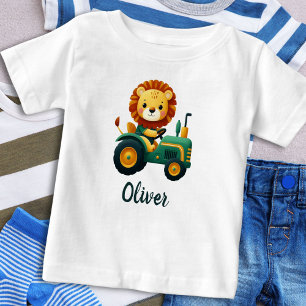 Cute Lion Cub on Charming Green Tractor Baby T-Shirt