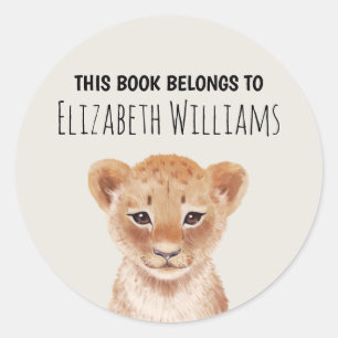 Cute Lion Cub Personalised Name School Classic Round Sticker