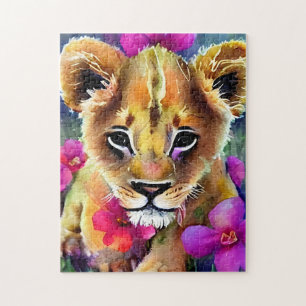 Cute Lion Cub Surrounded by Flowers Jigsaw Puzzle