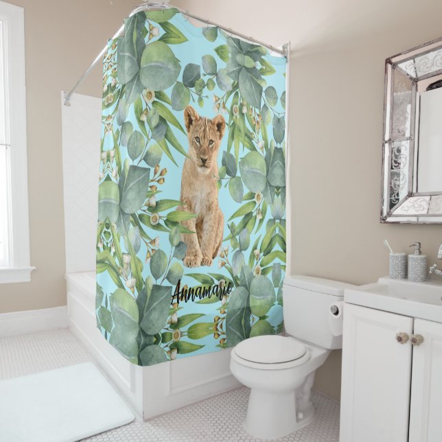 Cute Lion Cub Teal Green Jungle Forest Leaf Shower Curtain (In Situ)