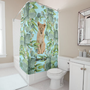 Cute Lion Cub Teal Green Jungle Forest Leafs Shower Curtain