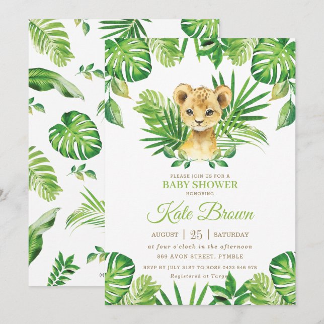 Cute Lion Cub Tropical Greenery Boy Baby Shower Invitation (Front/Back)