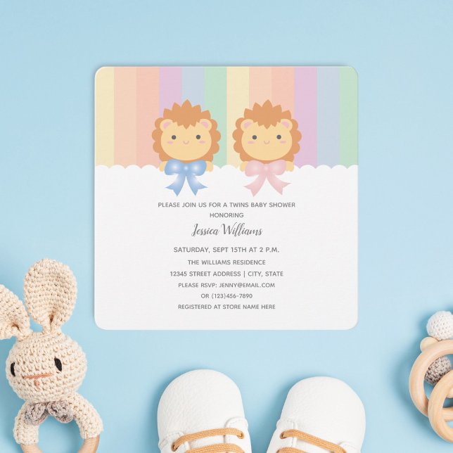 Cute Lion Cubs Twins Baby Boy and Girl Baby Shower Invitation (Creator Uploaded)