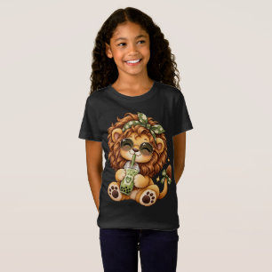 Cute Lion Drinking Matcha Boba Tea T-Shirt Design
