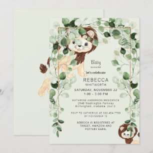 Cute Lion Eucalyptus Baby Shower Foliage Mint Invitation
