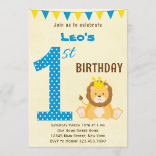 Cute Lion First Birthday Invitation