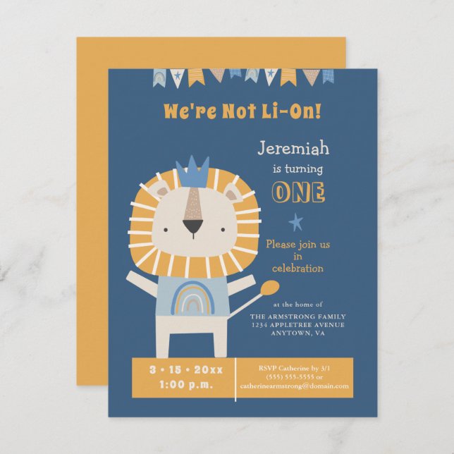 Cute Lion First Year Boy Birthday Party Invitation (Front/Back)