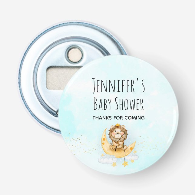 Cute Lion Fishing on the Moon Baby Shower Bottle Opener (Front)