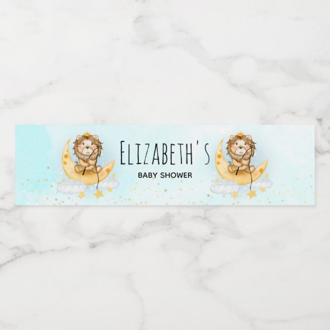 Cute Lion Fishing on the Moon Baby Shower Water Bottle Label (Single Label)